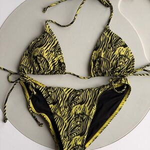 VTG Victoria’s Secret Neon Yellow Green Zebra Stripe String Bikini Small